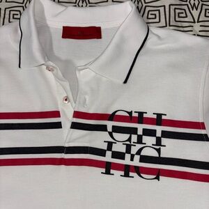 this is a limited edition carolina herrera white polo with red & blue stripes